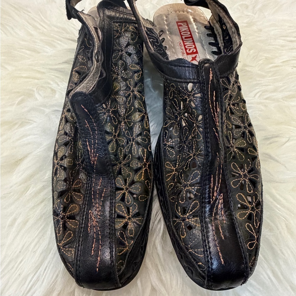 Anthropologie Pikolinos Romana Slingbacks US 7 37 Green Floral  Perforated Shoes